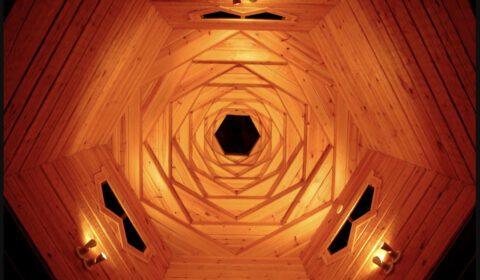 Wooden ceiling structure detail inside Kivitasku Event Venue Villa