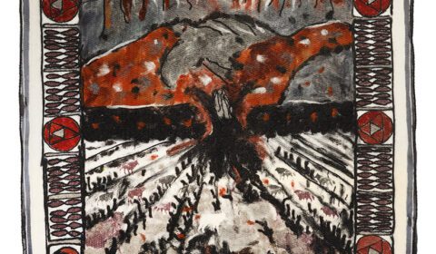 Seinävaate, jossa kuvattu Kalevalan Louhi muuttuessaan kotkasta kyyhkyseksi