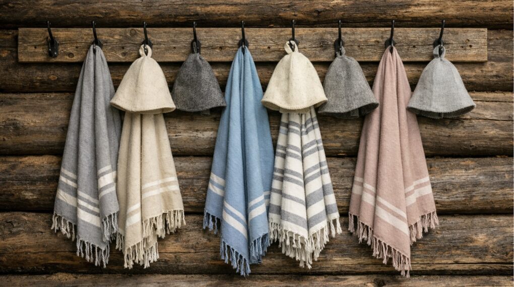 Hamam-pyyhkeitä ja villaisia saunahattuja puunaulakossa Muuramen yleisösaunassa