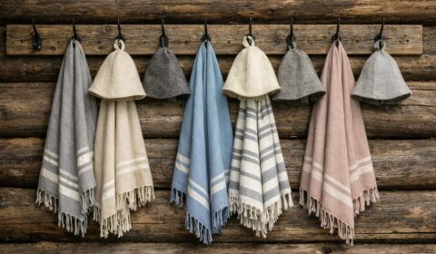 Hamam-pyyhkeitä ja villaisia saunahattuja puunaulakossa Muuramen yleisösaunassa